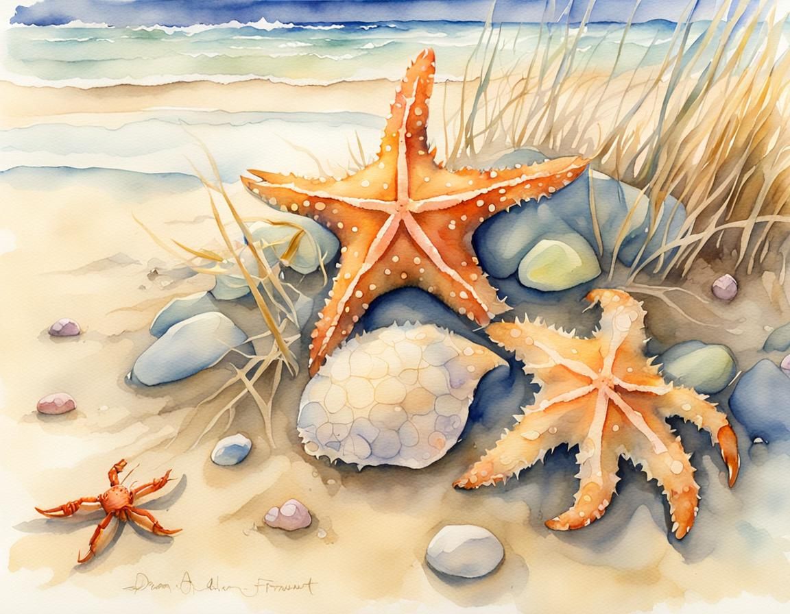 Whimsical Watercolor Starfish and Crab on Golden Sand