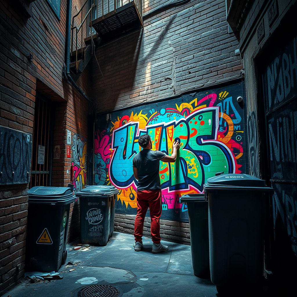 Colorful Street Artist in Urban Alley: Graffiti Art