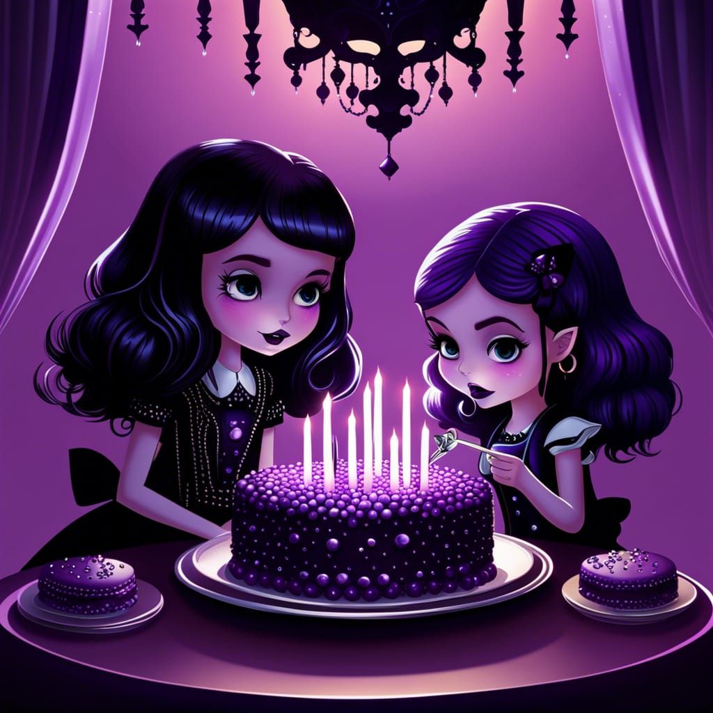 Goth Girls Dining on Black Cake in Rackham Style