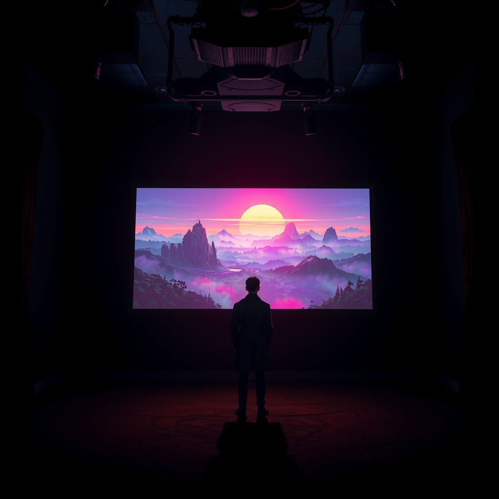Neon Landscape Projected in Dystopian Room