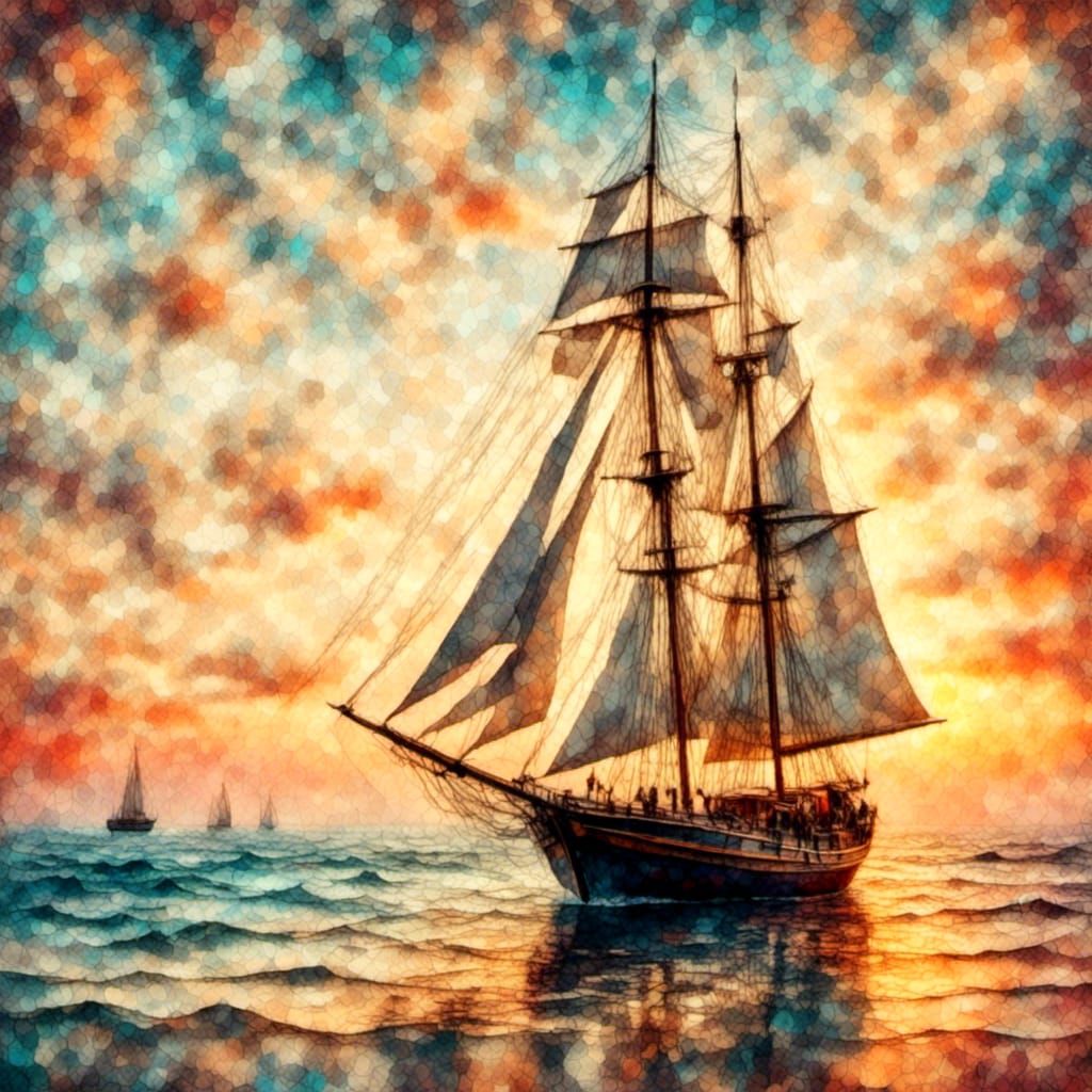 Sailboat at Sunset Near Marinha Beach as Oil Painting