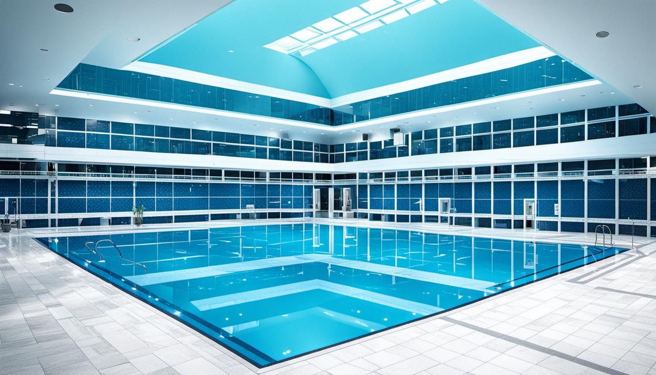 Photo of a pool complex, liminal space, indoors with no wind...