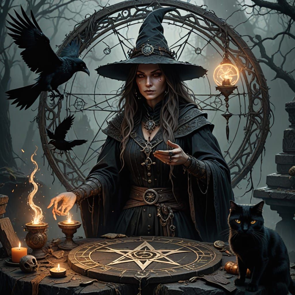 Mysterious Dark Fantasy Scene with a Witch and a Raven