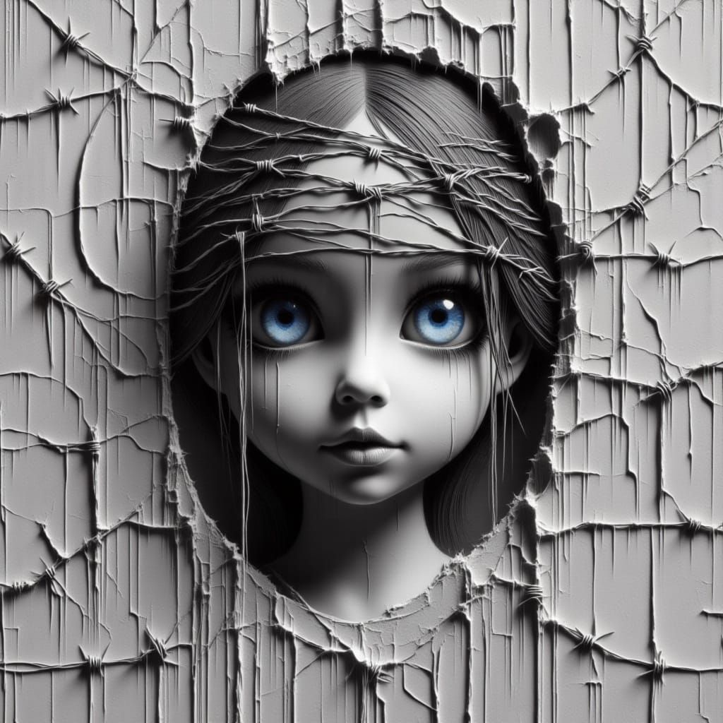 Symmetrical Portrait with Barbed Wire Hair and Big Blue Eyes