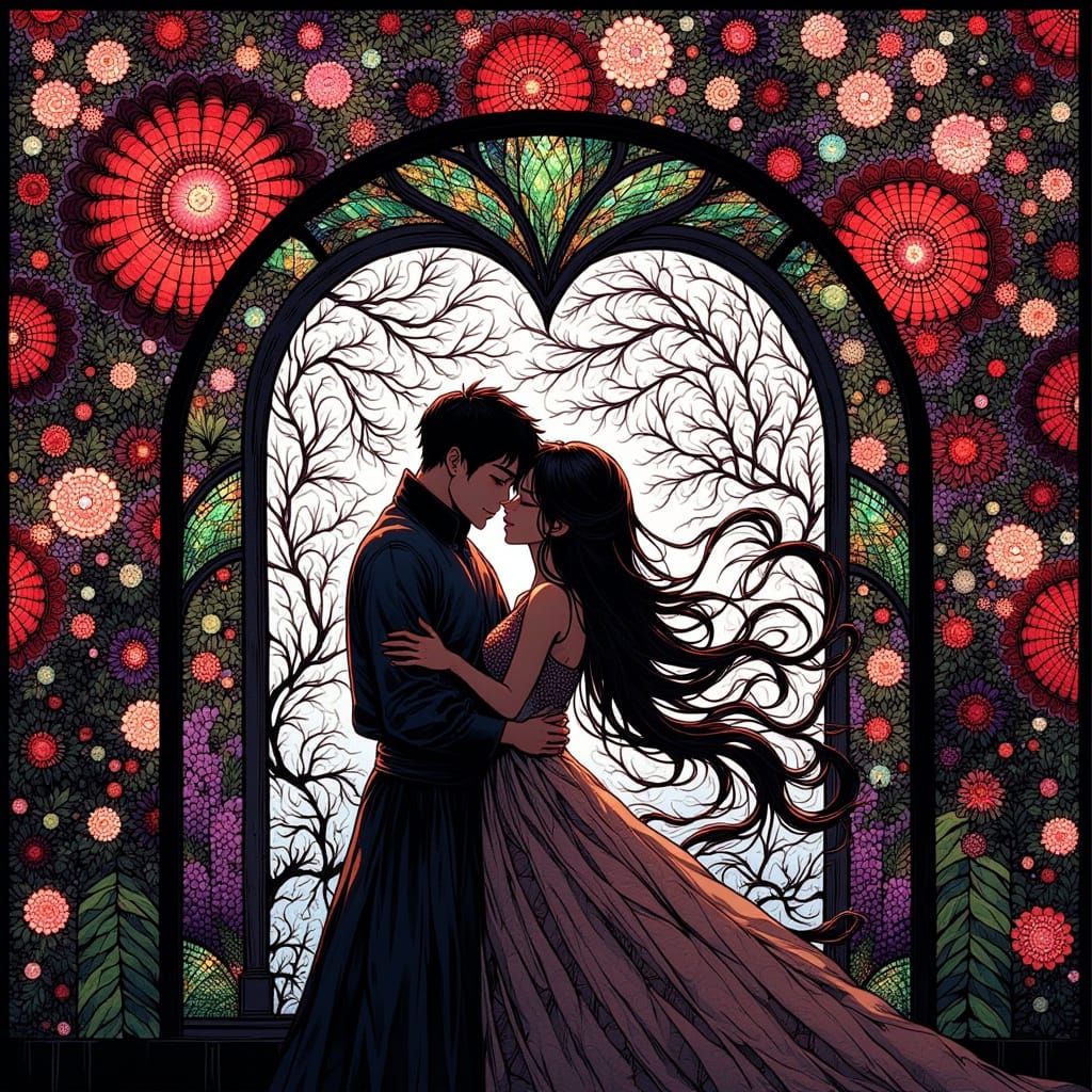Stained Glass Lovers Embracing in 80s Anime Style
