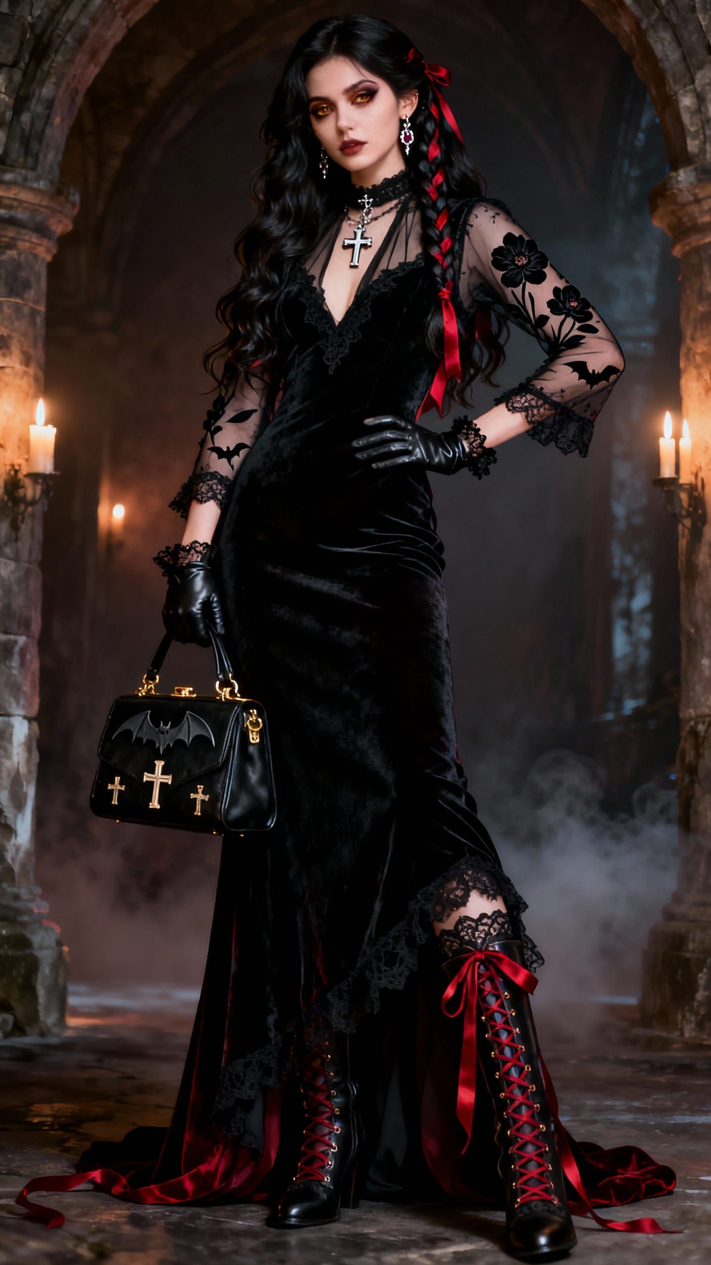 Gothic Woman in Black Lace Gown with Bat and Orchid Details