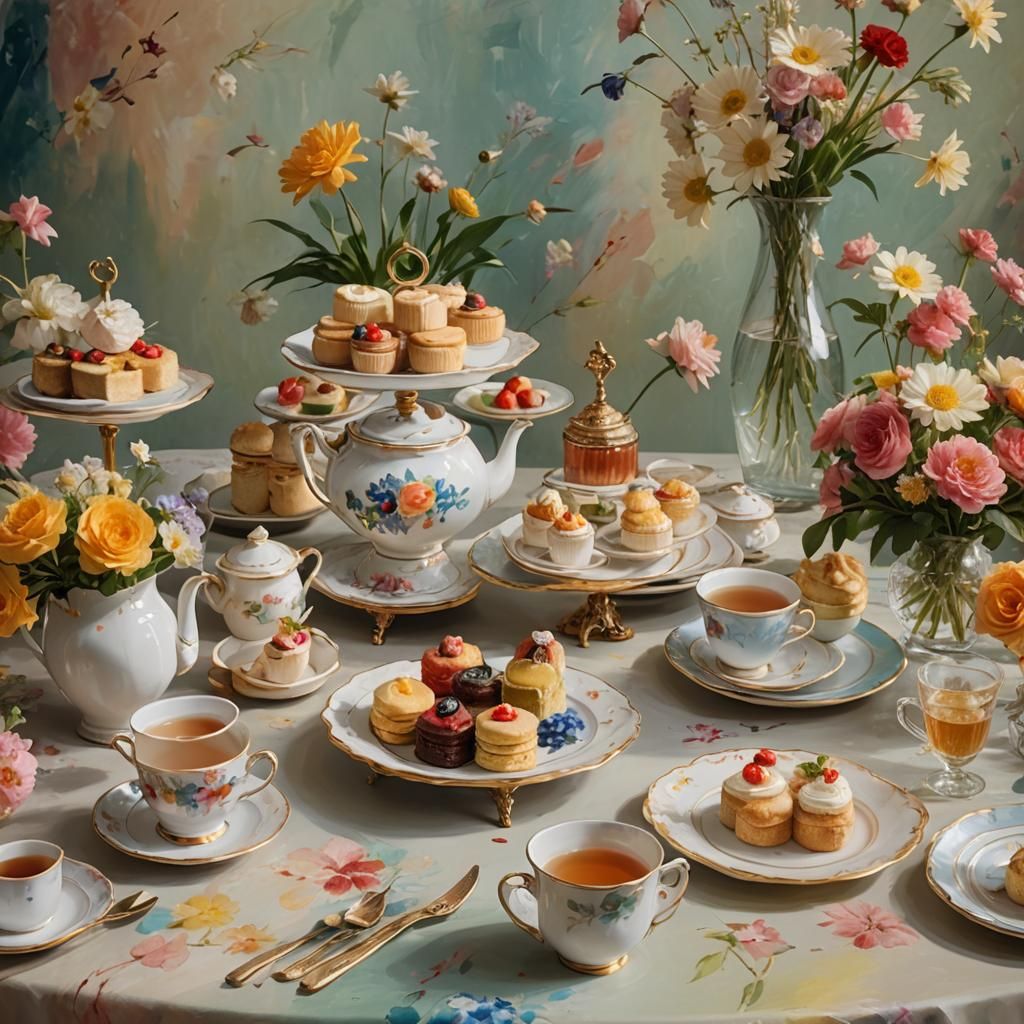 Hyperrealistic Tea Set with Flower Decorations