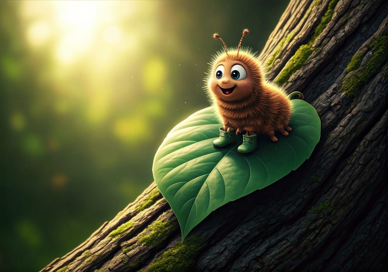 Excited Caterpillar on Leaf in Whimsical Style