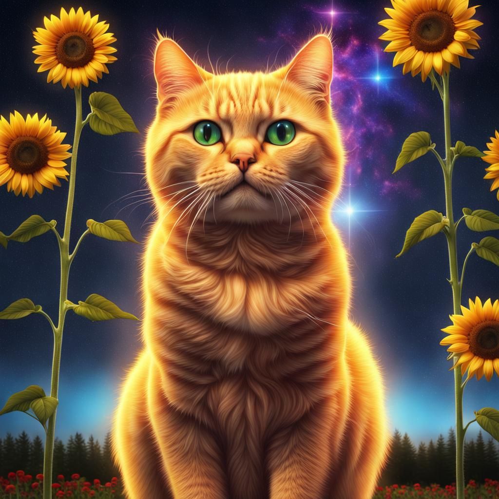 Surreal Starry Cat with Flowers and Rainbow