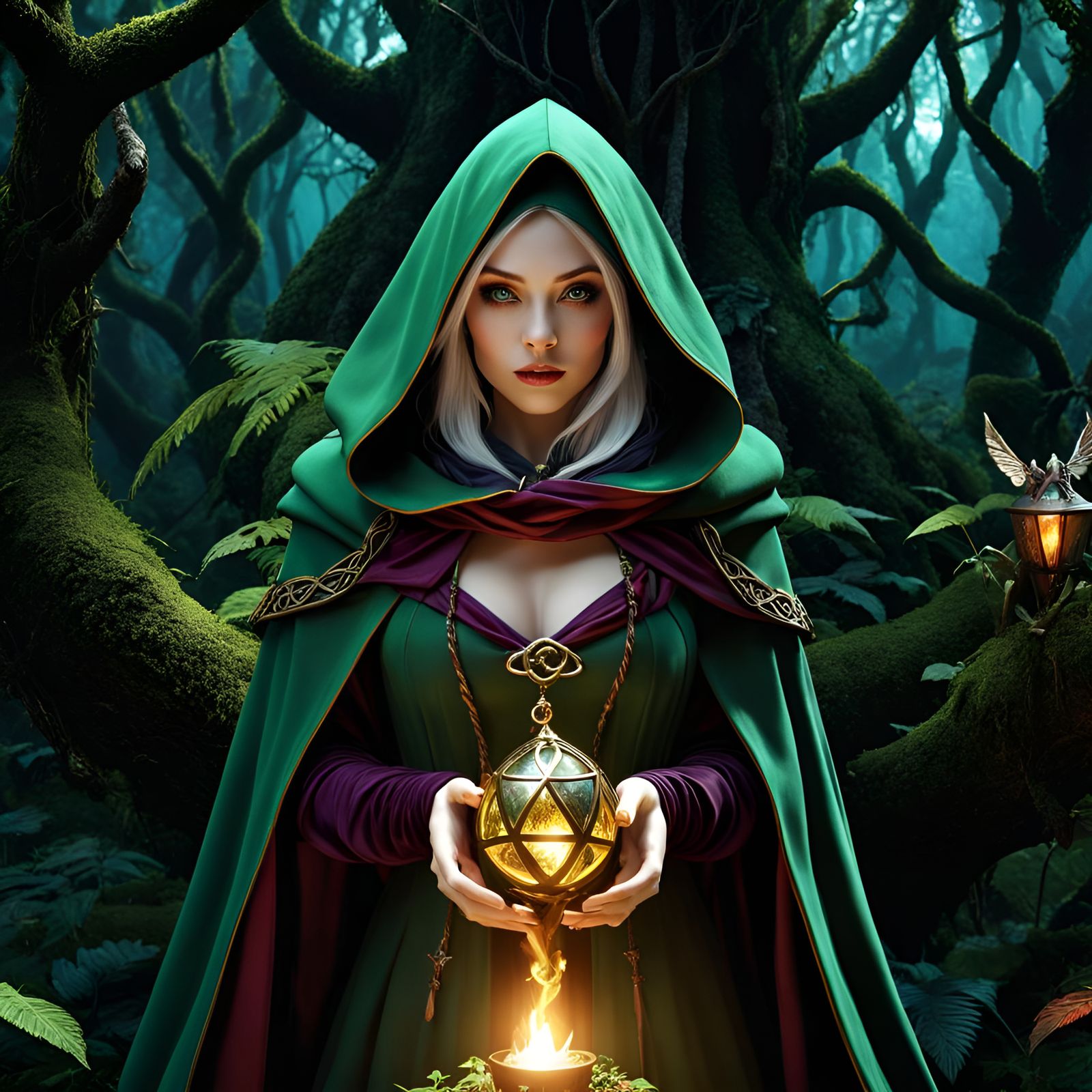 Dark Fairytale Sorcerer Channeling Magic in Forest