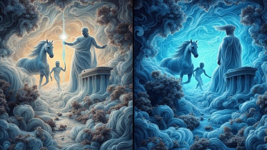 Divine Male Figure Commands Bioluminescent Marine Landscape