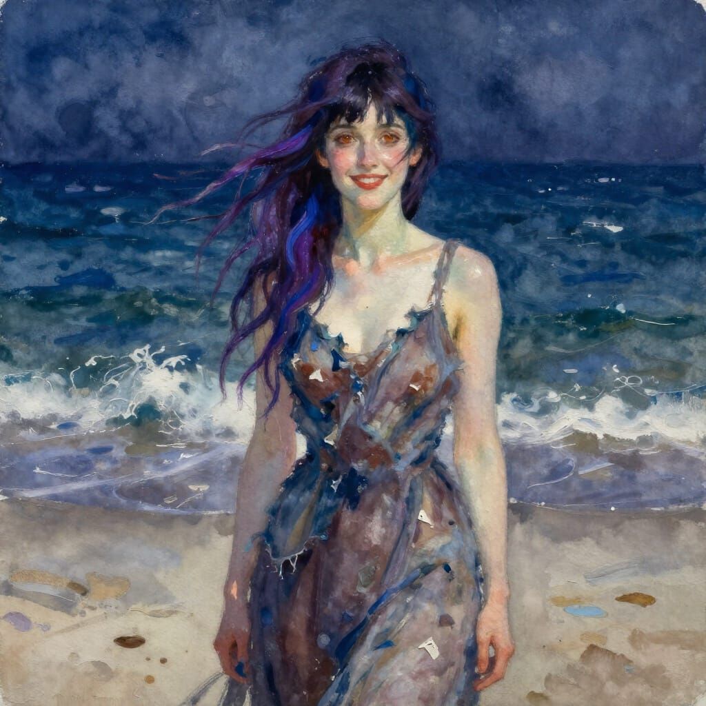 Woman on Beach at Night in Watercolor Style