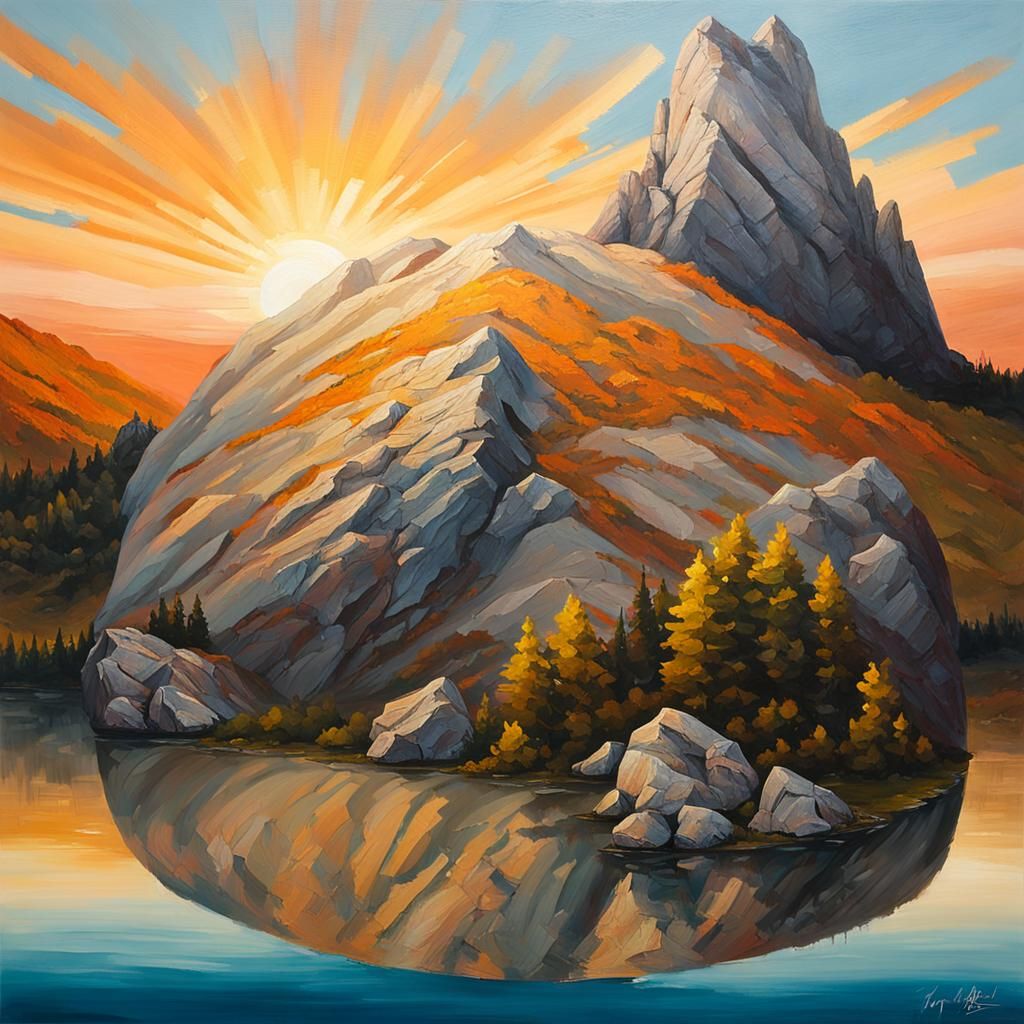 Majestic Mountain Range Reflected in Lake: Impasto Oil Paint...