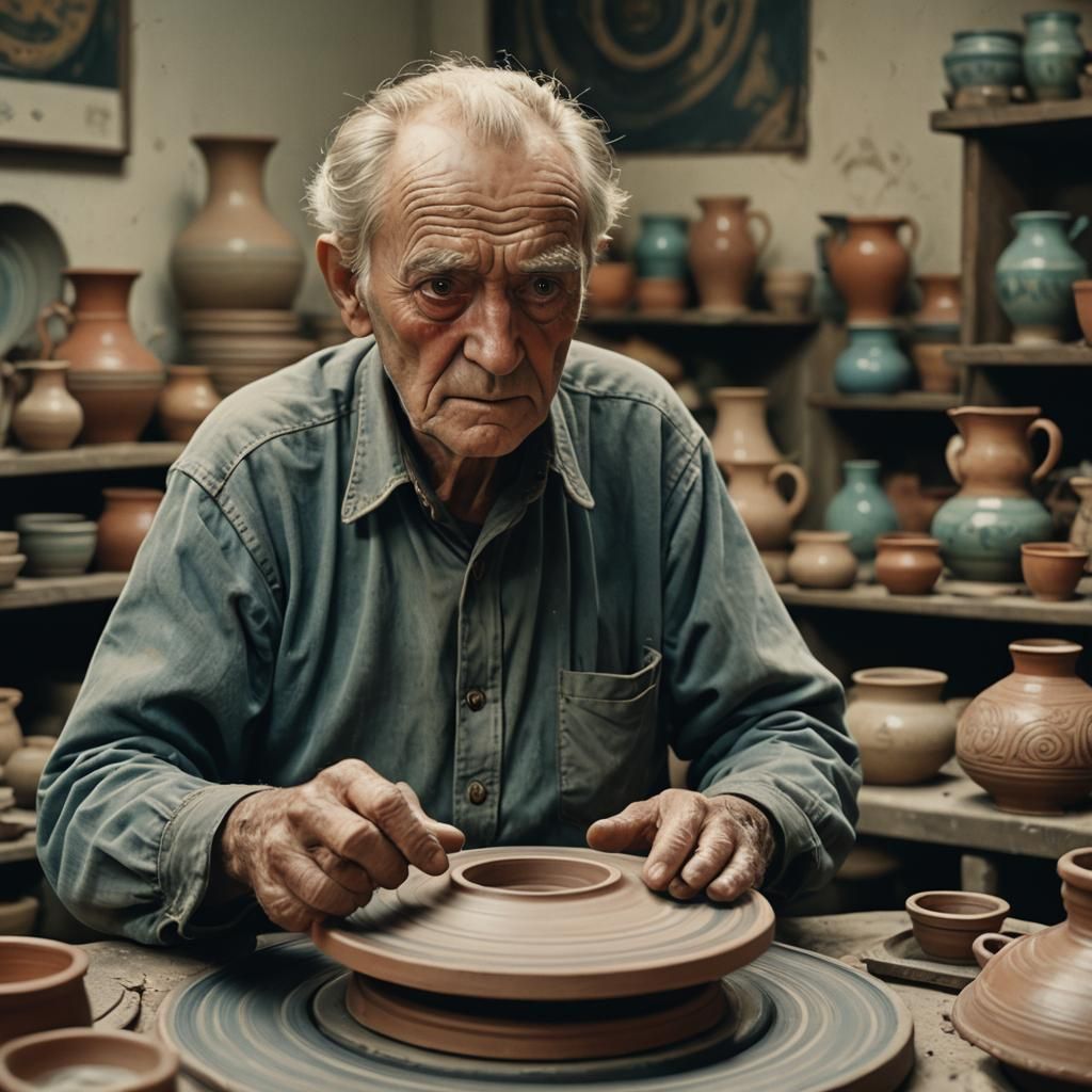 Cinematic Still: Old Man and Pottery Turntable