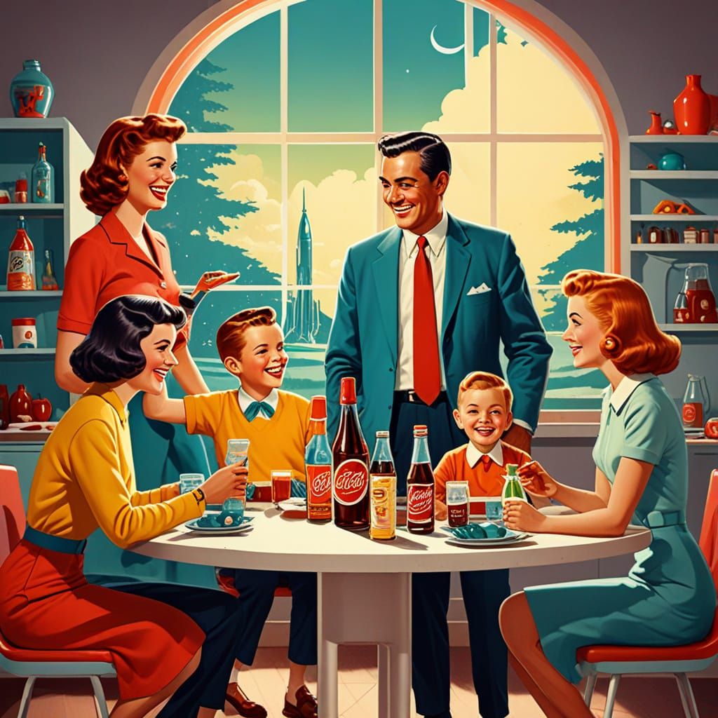 Mid-Century Family Enjoys Cosmic Cola in Retro Ad