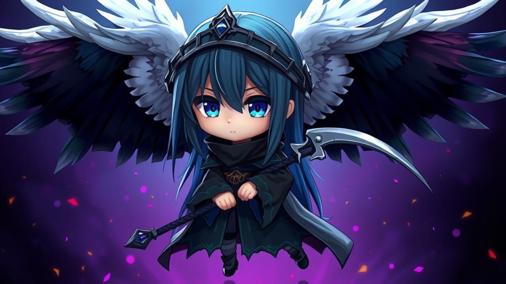 Majestic Gothic Angel in Chibi Style with Scythe and Wings