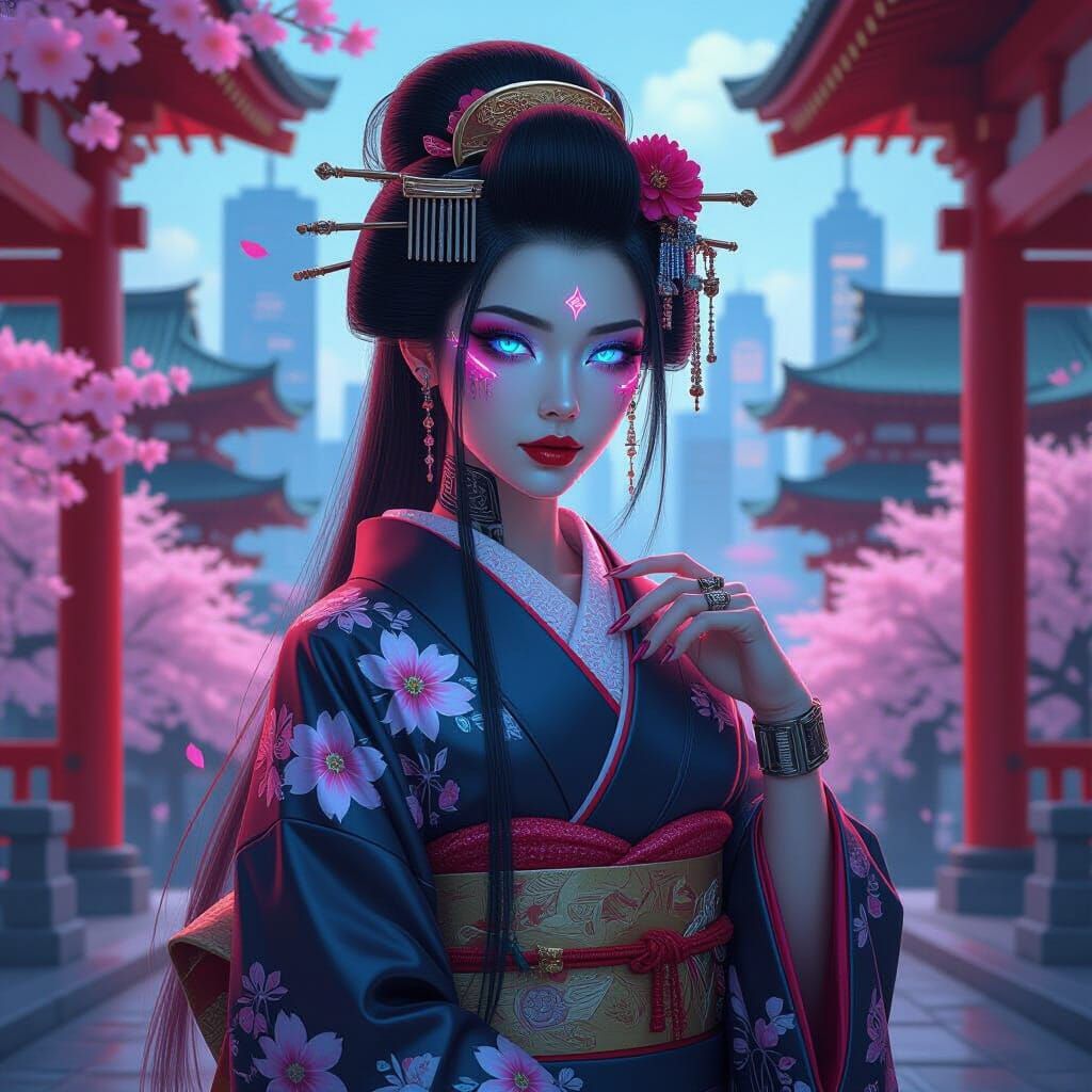 Futuristic Geisha with Cybernetic Implants and Sapphire Eyes