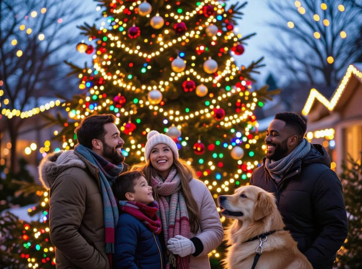 Joyful Christmas Scene With Families and Glowing Tree