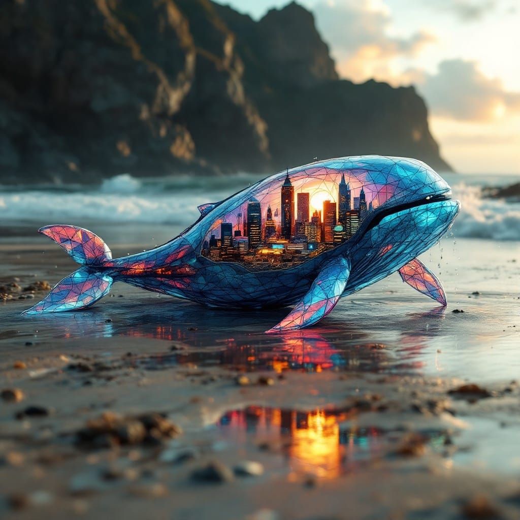 Surreal Stained-Glass Whale Unveils Cyberpunk Metropolis