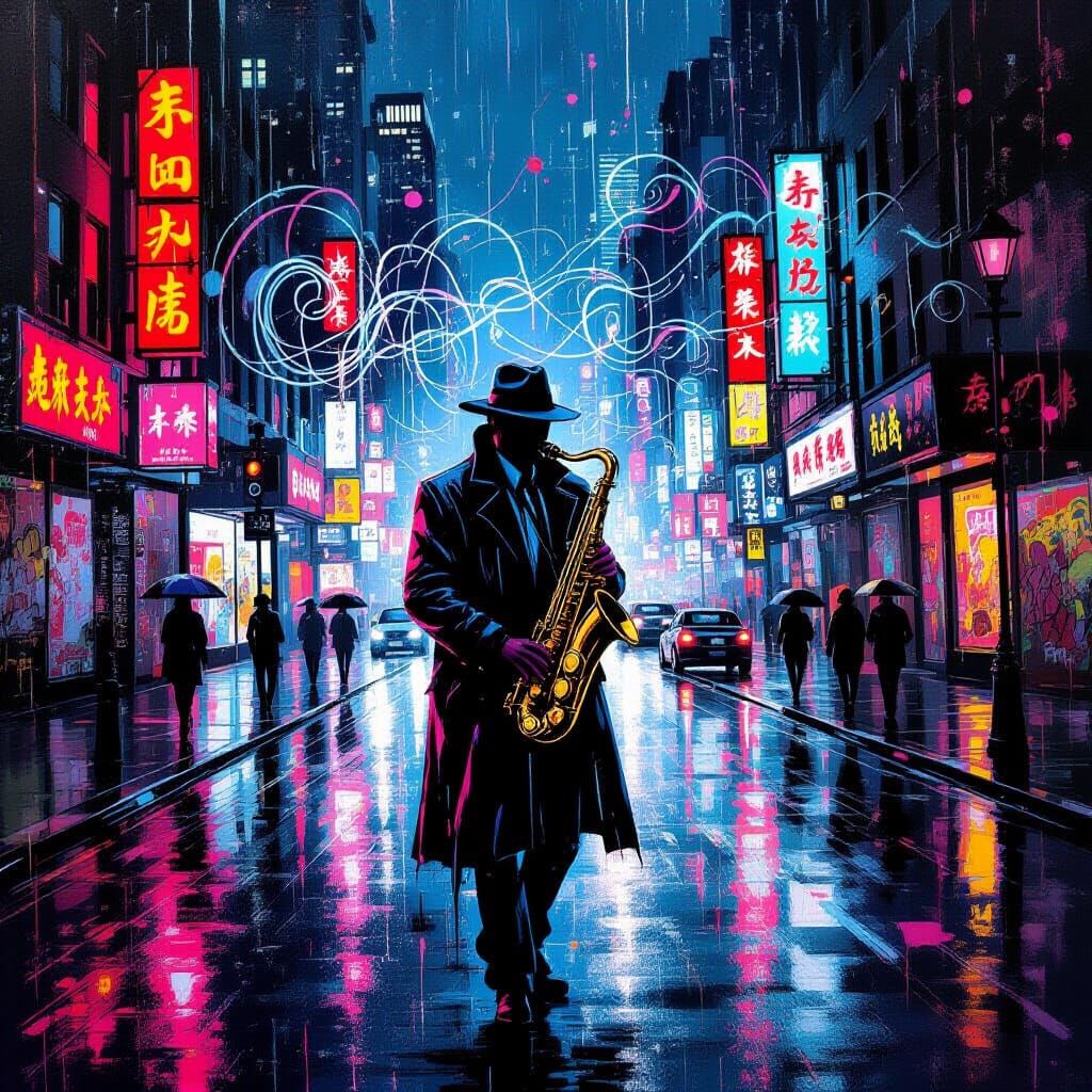 Neon Saxophone Player in Urban Graffiti Art Style
