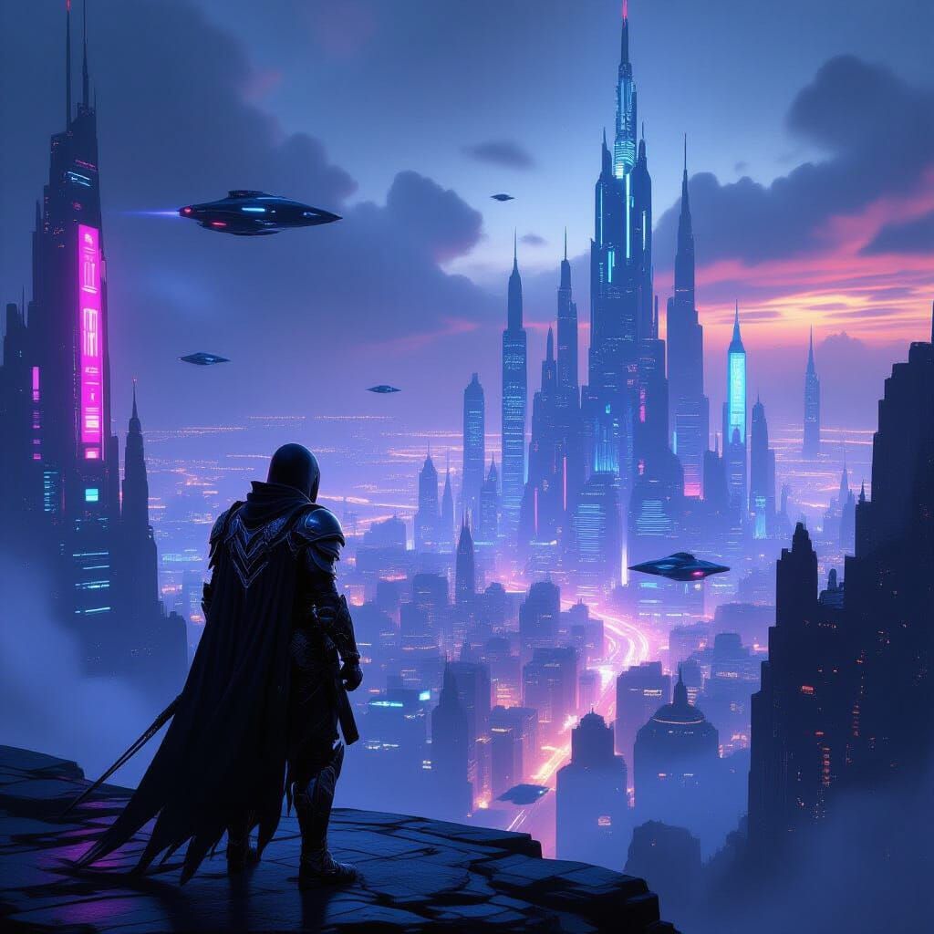 Cyberpunk Warrior Overlooks Neon Cityscape