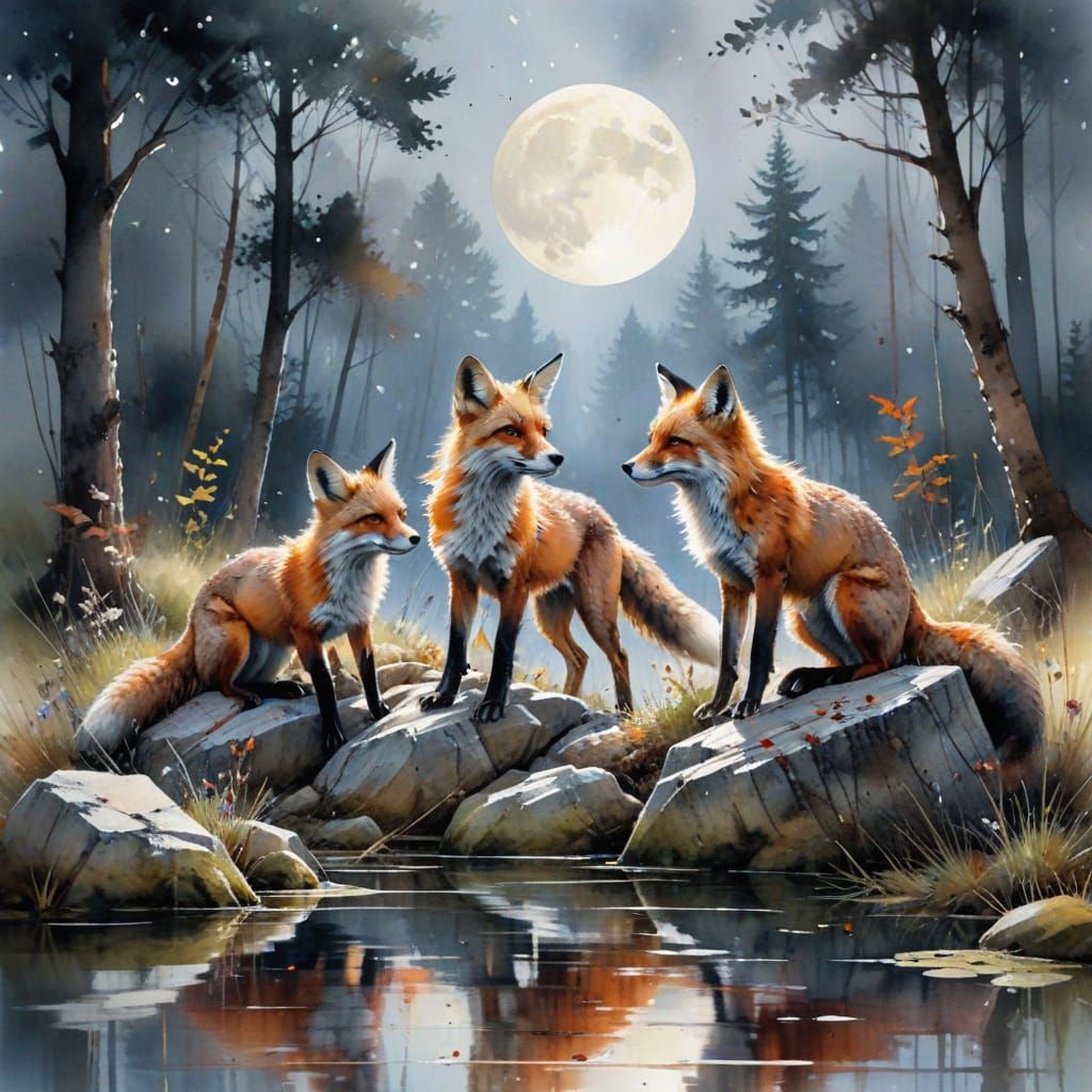 Red Foxes Playing by Forest Lake in Watercolor Style