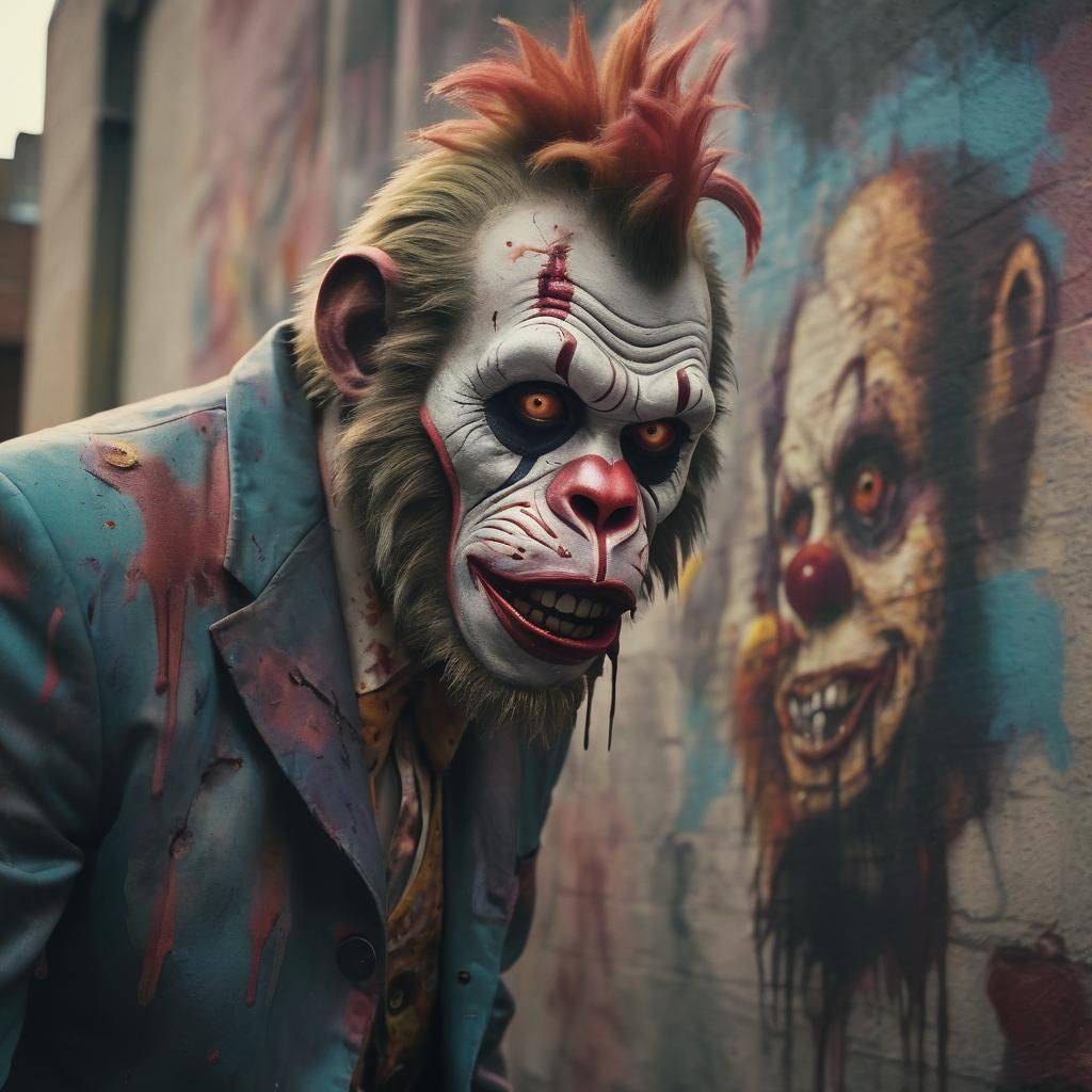 Zombie Monkey Clown Paints Mural: Cinematic Film Still