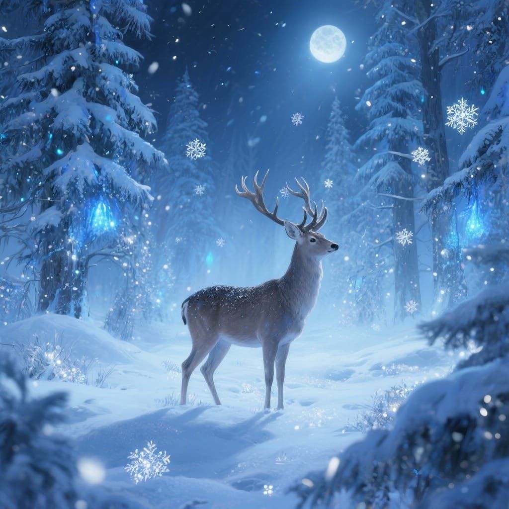 Majestic Deer in Snowy Winter Wonderland Moonlight