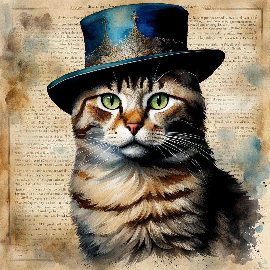Whimsical Cat in Hat Watercolor Art