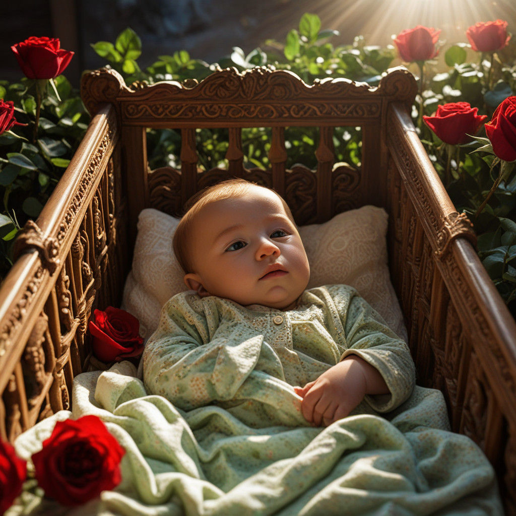 Golden Hour Masterpiece: Baby in Ornate Wooden Cradle