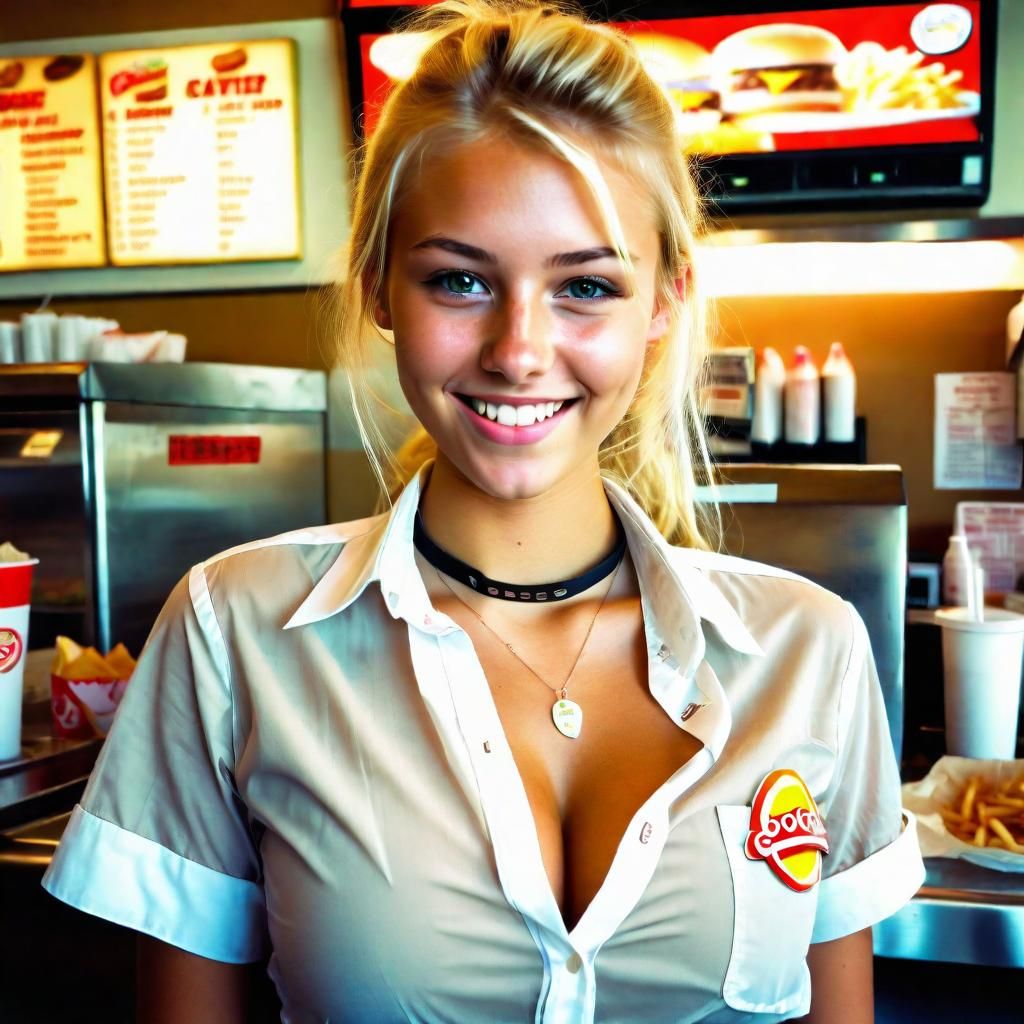 Petite Blonde Fast Food Employee in Natural Light