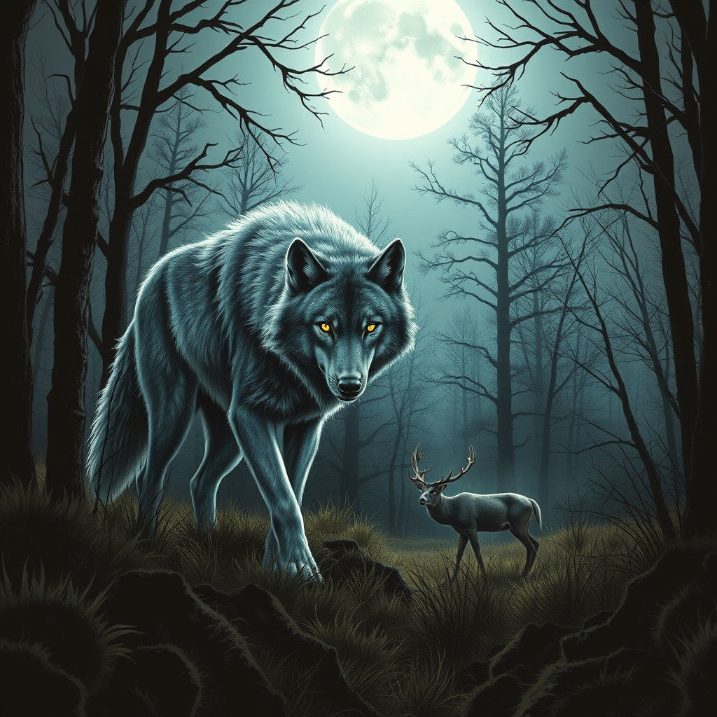 Majestic Wolf Hunt in Moody, Mystical Style