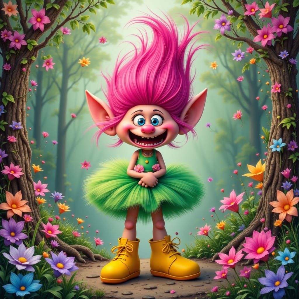 Vibrant Pink Troll in Whimsical Forest