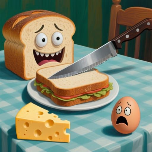 Terrified Sandwich and Ingredients in Dramatic Scene