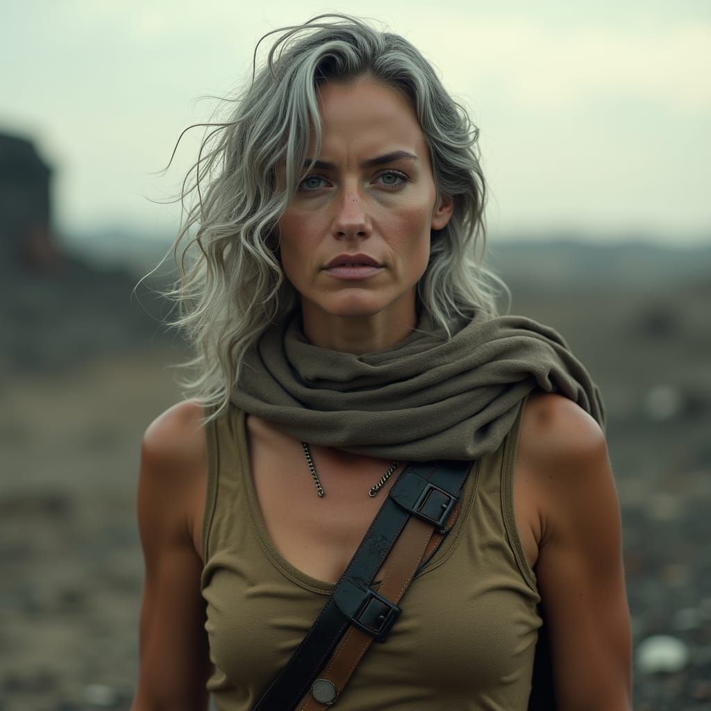 Apocalyptic Woman with Worn Clothing in Desolate Landscape