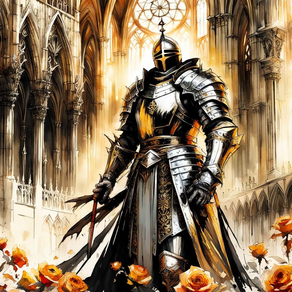 Gothic Knight Praying in Cathedral, Watercolor Style
