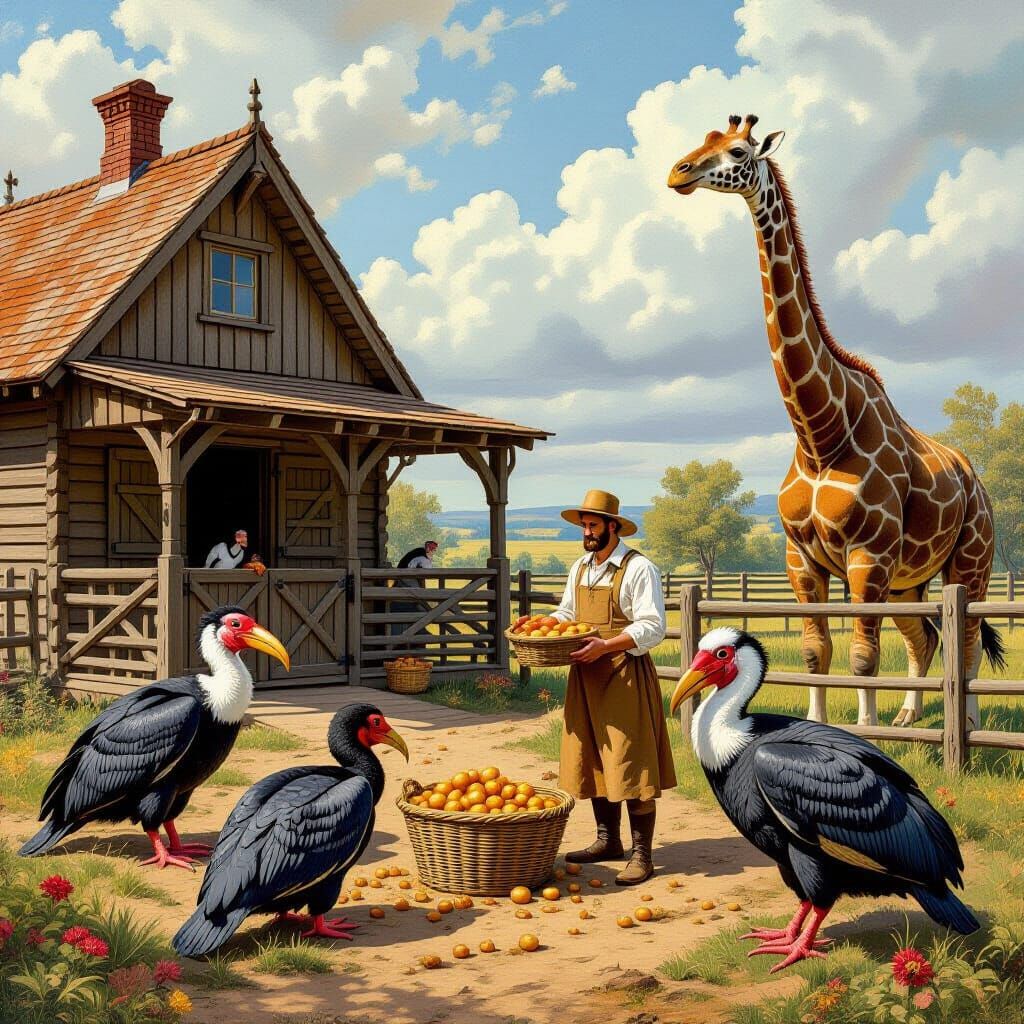 Victorian Ranch with Prehistoric Animals in Pre-Raphaelite S...