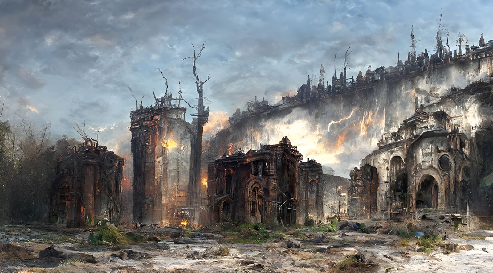 Fiery Post-Apocalyptic City Ruins at Night