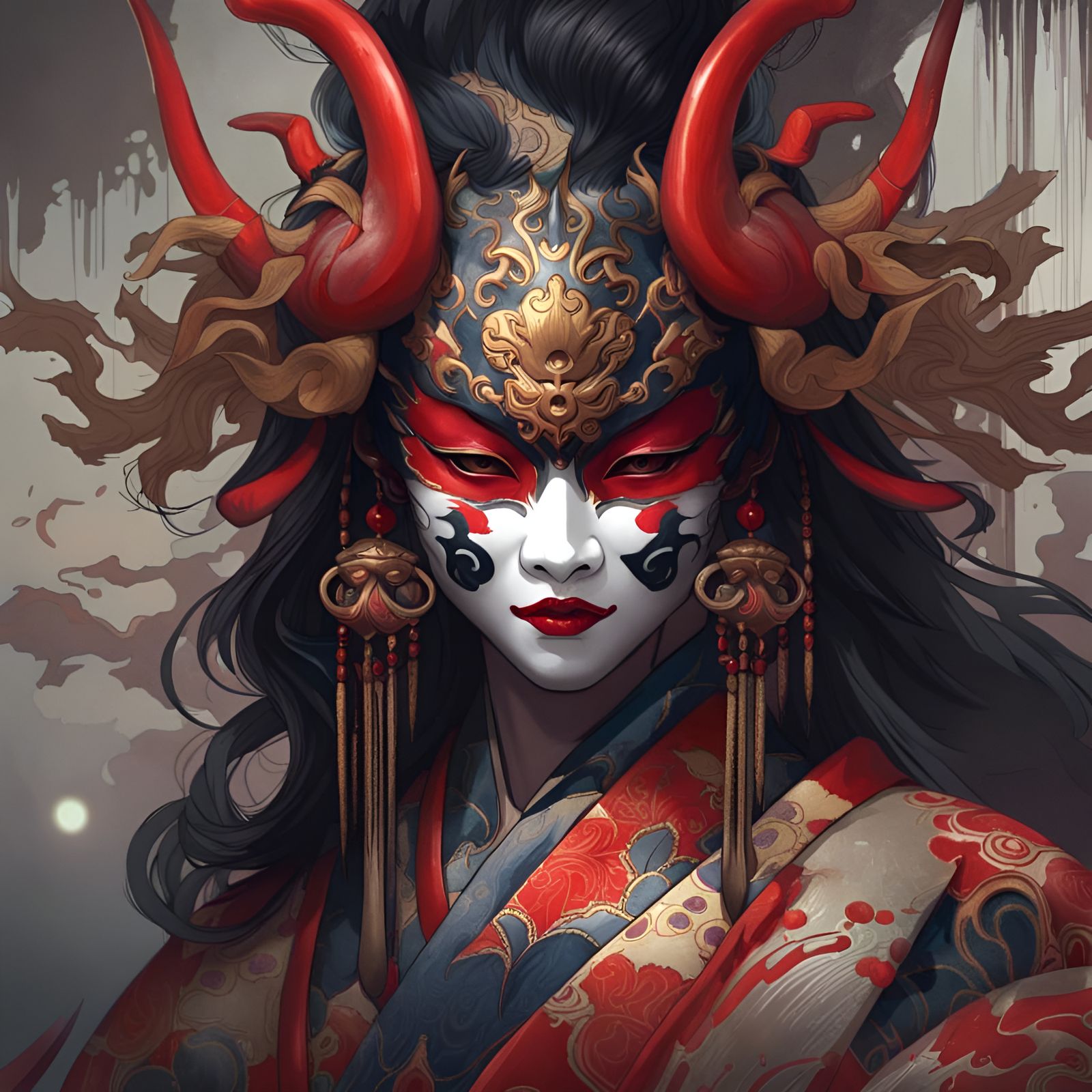 Oni Geisha - Kabuki Oni Mask Portrait in Rococo Style, image size:1600x1600
