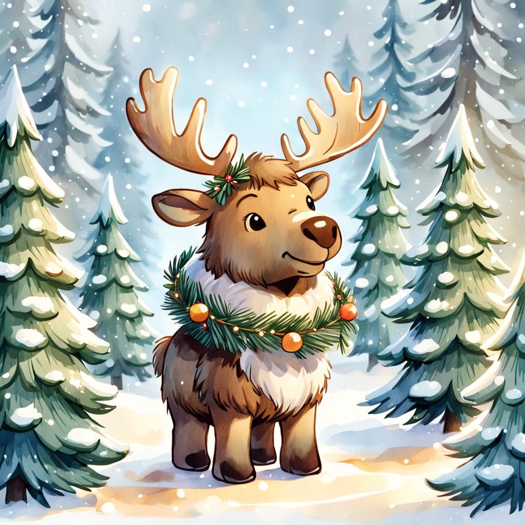 Cute Toy Moose Cub With Christmas Tree Garland