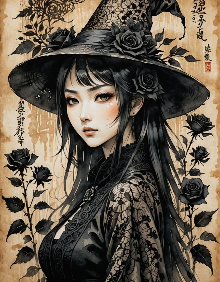 Young Japanese Witch in Ancient Art Style