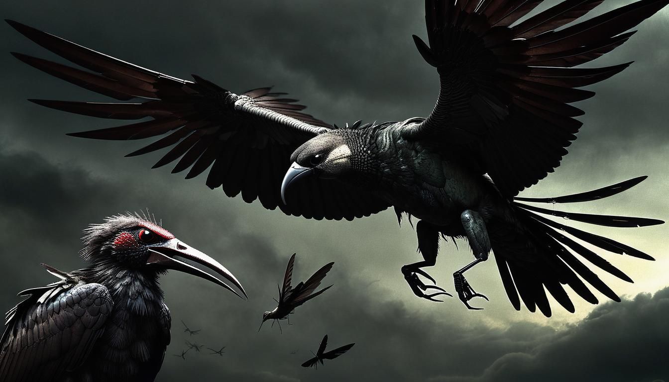 menacing evil snarling masquito, humingbird, condor, vulture...