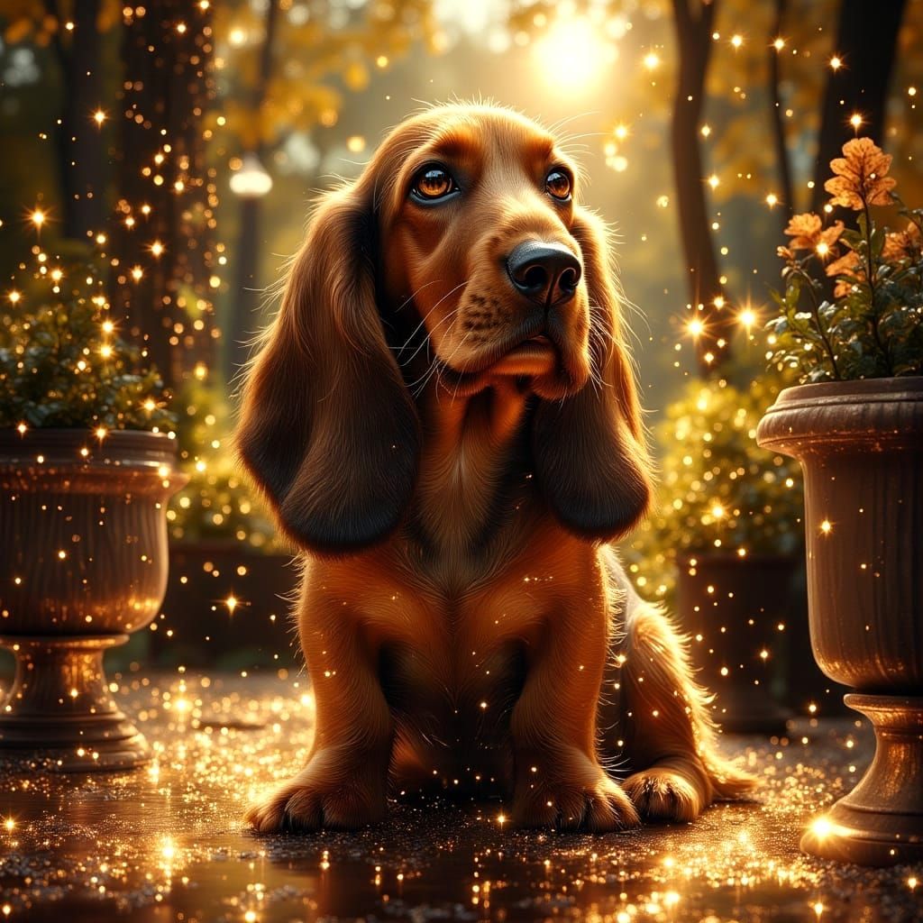 Cute Basset Hound Relaxing with Magical Lighting