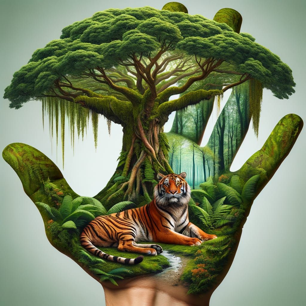 Surreal Forest World on Human Palm with Tiger