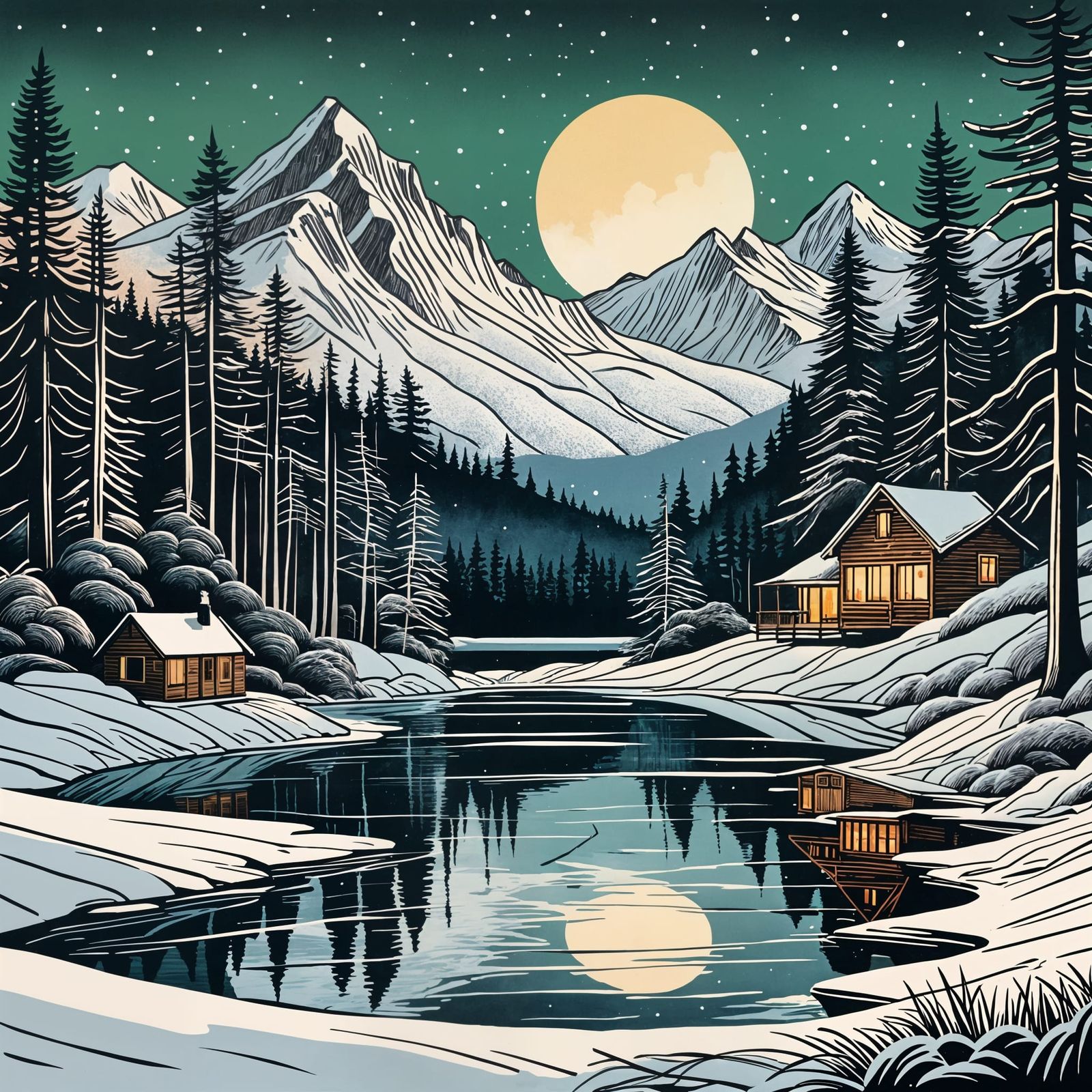 Winter Forest Cabins with Twilight Glow, Linoprint Style