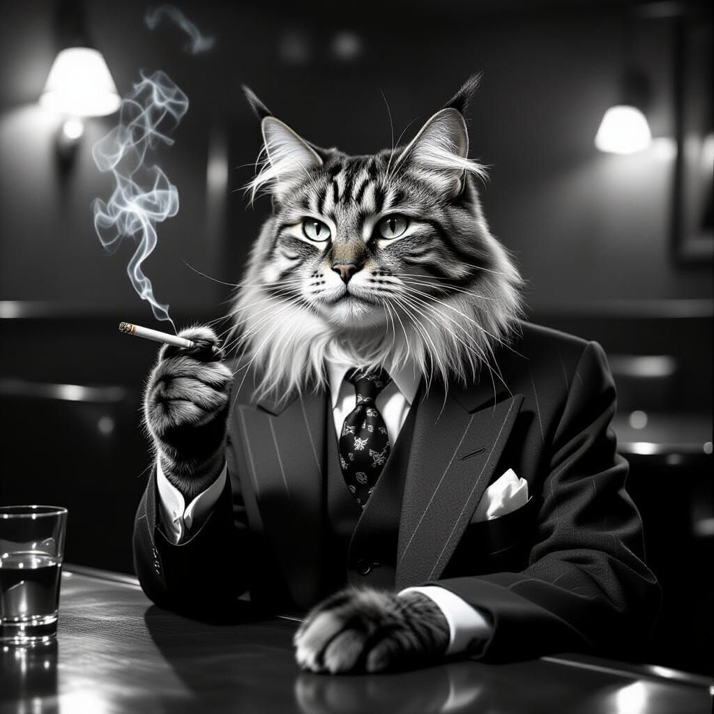 Anthropomorphic Cat in Jazz Club, Film Noir Photography