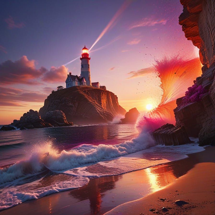 Spacecraft Lands on Beach at Sunset in Vibrant Colors