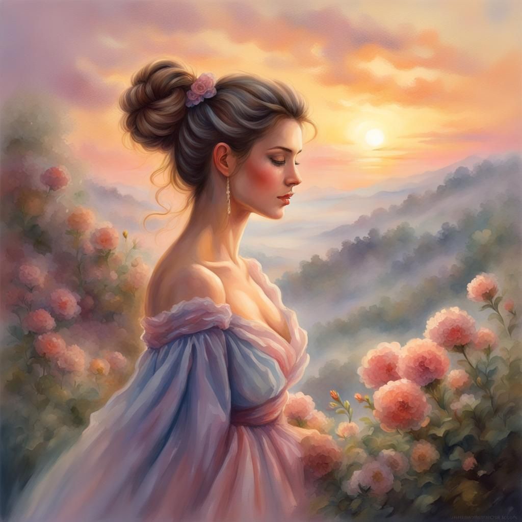 Woman in Floral Landscape: Watercolor Style Painting