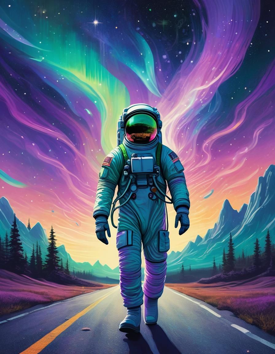 Astronaut with Aurora in Surreal Landscape