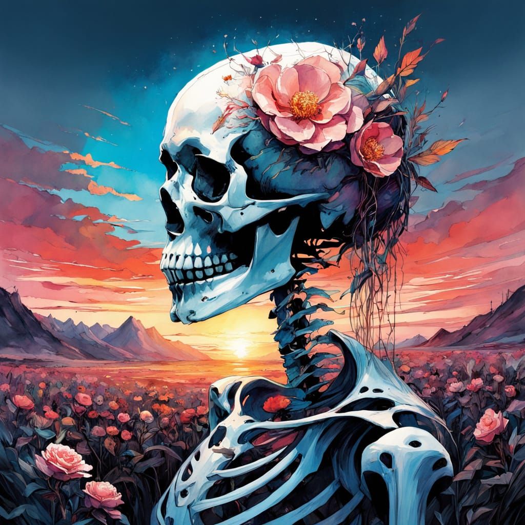 Macabre Camellia Field in Digital Watercolor